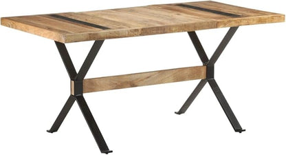 Industrial Narrow Rectangular Dining Table Solid Mango Wood Brown Rough Finish Seats 4 Modern Design Powder Coated Black Legs for Dining Room Kitchen Use