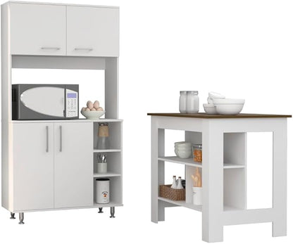 7 Shelf 4 Door 2 Kitchen Set, Kitchen Island and Cabinet White and Walnut QP267