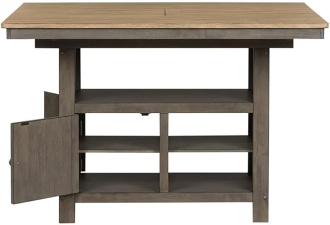 Pemberly Row Contemporary 7 Piece Gathering Table Set, Rubberwood Solids and Veneers, Light Gray and Sandstone Finish, Includes Kitchen Island Table with Storage and 6 Counter Height Swivel Chairs