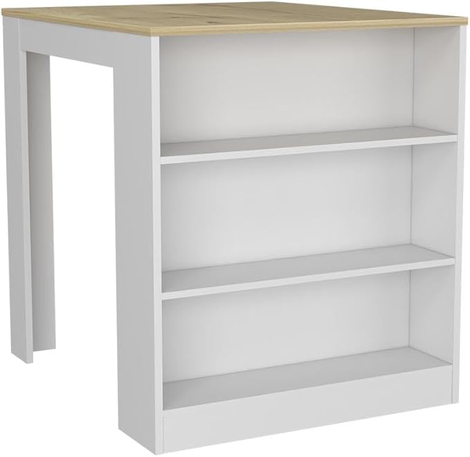 Kitchen Counter Dining Table with 2 Legs and 3 Open Side Shelves Modern Elegant Auxiliary Dining Table for Storage Practical(White)