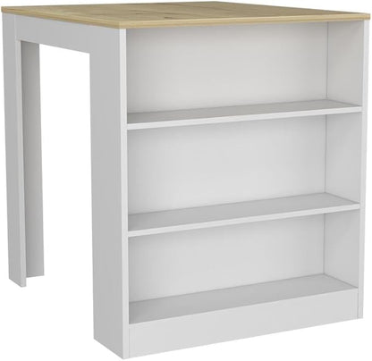 Kitchen Counter Dining Table with 2 Legs and 3 Open Side Shelves Modern Elegant Auxiliary Dining Table for Storage Practical(White)