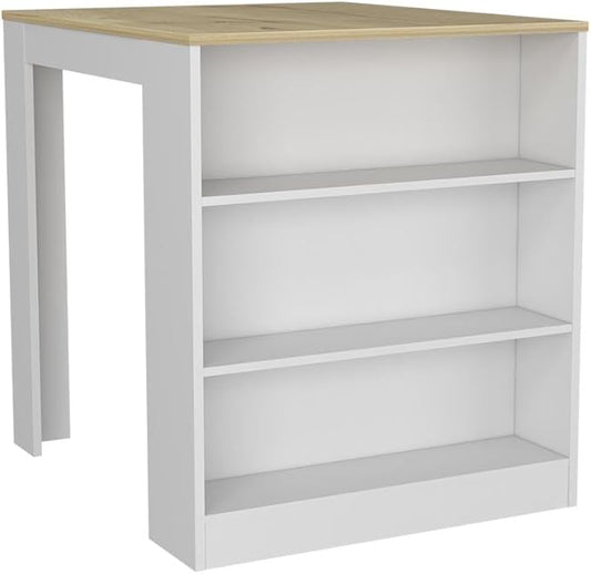 Kitchen Counter Dining Table with 2 Legs and 3 Open Side Shelves Modern Elegant Auxiliary Dining Table for Storage Practical(White)