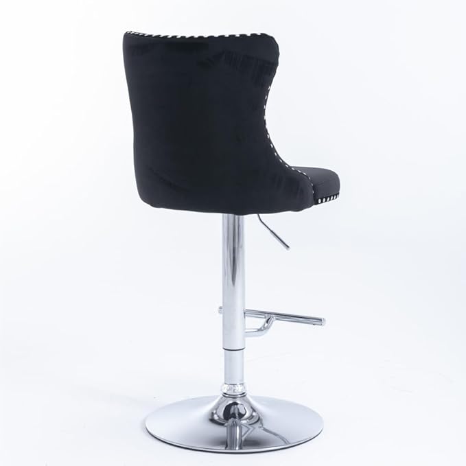 Adjustable Swivel Bar Stool with Tufted Velvet Upholstery, Chrome Base and Back Support for Kitchen Island, Home Bar or Pub (Black + Velvet + Foam-3)