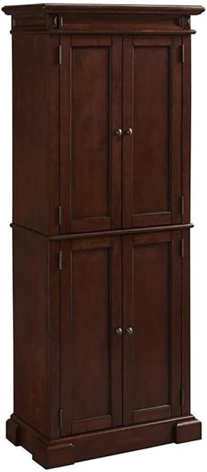 Bowery Hill Traditional Wood Kitchen Pantry, 72"H x 29.75"W x 16"D, Brown Cherry Finish, 4 Shelves, Distressed Oak Veneer, Carved Door Panels, Antique Nickel Hardware, Versatile Storage Cabinet for