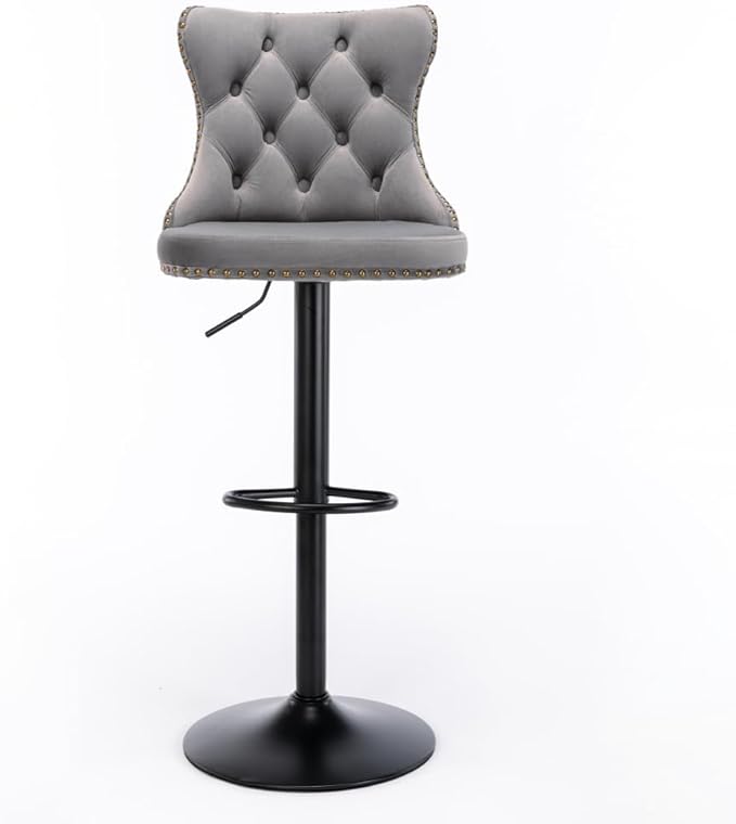 Adjustable Swivel Bar Stool with Tufted Velvet Upholstery, Chrome Base and Back Support for Kitchen Island, Home Bar or Pub (Gray + Velvet + Foam)