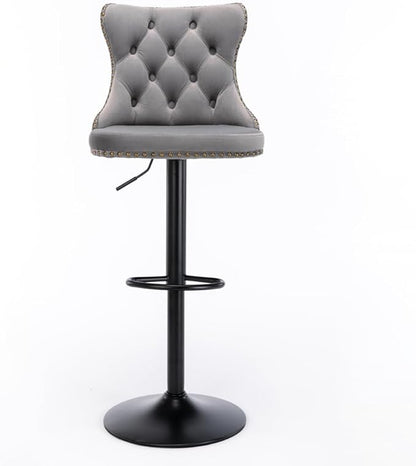 Adjustable Swivel Bar Stool with Tufted Velvet Upholstery, Chrome Base and Back Support for Kitchen Island, Home Bar or Pub (Gray + Velvet + Foam)