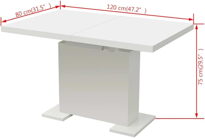 Extendable Dining Table, High Gloss White MDF and Steel, Modern Rectangular Kitchen Table, 47.2-59.1 Inch, Seats 4-6 People, Easy Clean Surface