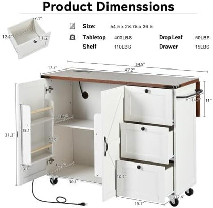 Kitchen Island Cart with Internal Storage Rack, 54.5'' Rolling Kitchen Island Table with Power Outlet, Drop Leaf, Spice/Towel Rack and Drawer, Mobile Kitchen Islands with Storage on Wheels (White)