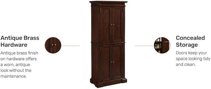 Bowery Hill Traditional Wood Kitchen Pantry, 72"H x 29.75"W x 16"D, Brown Cherry Finish, 4 Shelves, Distressed Oak Veneer, Carved Door Panels, Antique Nickel Hardware, Versatile Storage Cabinet for