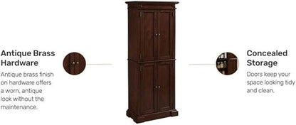 Bowery Hill Traditional Wood Kitchen Pantry, 72"H x 29.75"W x 16"D, Brown Cherry Finish, 4 Shelves, Distressed Oak Veneer, Carved Door Panels, Antique Nickel Hardware, Versatile Storage Cabinet for