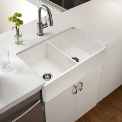 Houzer Platus Fireclay Series 33" Double Bowl Apron Front/Undermount, Chip And Crack Resistant Kitchen Sink, PTD-4400 BQ