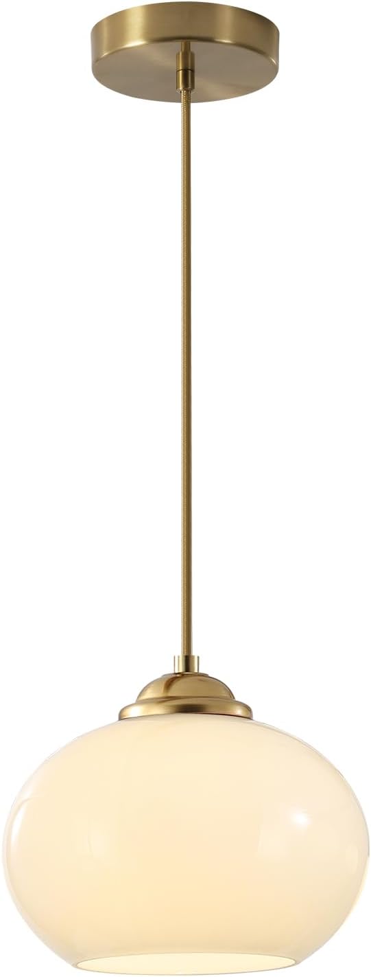 KCO Lighting 1-Light Globe Pendant Light Mid Century Modern Pendant Lighting White Glass Hanging Light Fixture Brushed Brass Chandelier Adjustable Light for Dining Room Living Room Bedroom Kitchen
