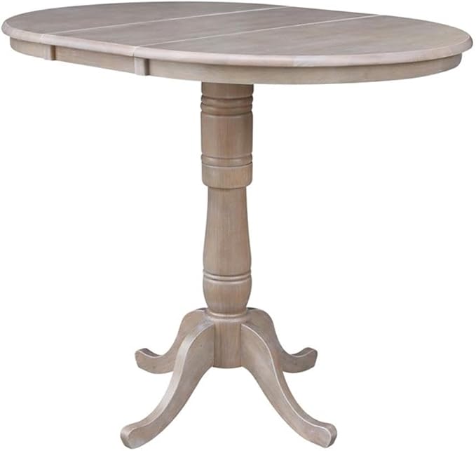 International Concepts 36" Round Top Pedestal Table with 12" Leaf-40.9" H-Dining, Counter, or Bar Height, Washed Gray Taupe