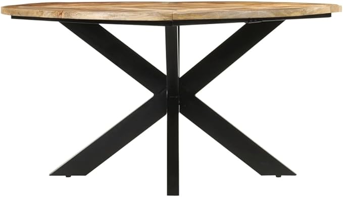 Round Dining Table, Solid Mango Wood, Natural Finish, 59.1 Inch Large Kitchen & Dining Room Table, Sturdy Iron Frame, Seats 6 for Dinner, Farmhouse Style