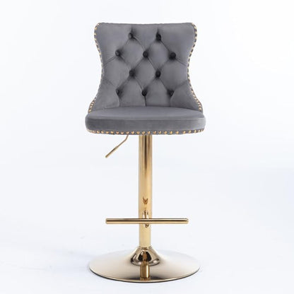 Premium Velvet Upholstered Swivel Bar Stool with Adjustable Height and Tufted Backrest for Kitchen Island, Home Bar, and Dining Space (Gray + Velvet + Foam-1)