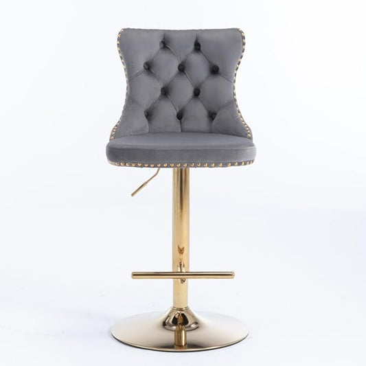 Modern Swivel Bar Stool with Adjustable Height and Tufted Upholstered Backrest for Kitchen Island, Home Bar, or Dining Area (Gray + Velvet + Foam-1)