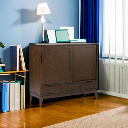 SIMPLIHOME Harper SOLID WOOD 48 inch Wide Mid Century Modern Medium Storage Cabinet in Walnut Brown, with Large Space Behind 2 Sliding Notched Handle Doors, 2 Adjustable Shelves
