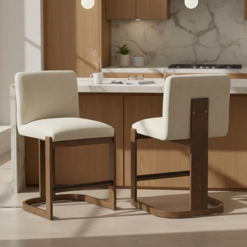 Bar Stools Set of 2, 24" Linen Upholstered Counter Height Barstools with Walnut-Finished Solid Rubberwood Legs, Comfortable Kitchen Island Chairs for Home Bar, Coffee Shop, Beige