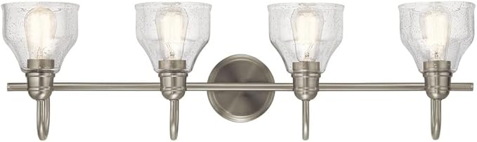 Kichler Avery 4-Light Bathroom Vanity Light Fixture with Clear Seeded Glass, Modern Farmhouse Industrial Style in Natural Brass, 300 Total Watts (33.5" x 9.5" x 8.25"), 45974NBR