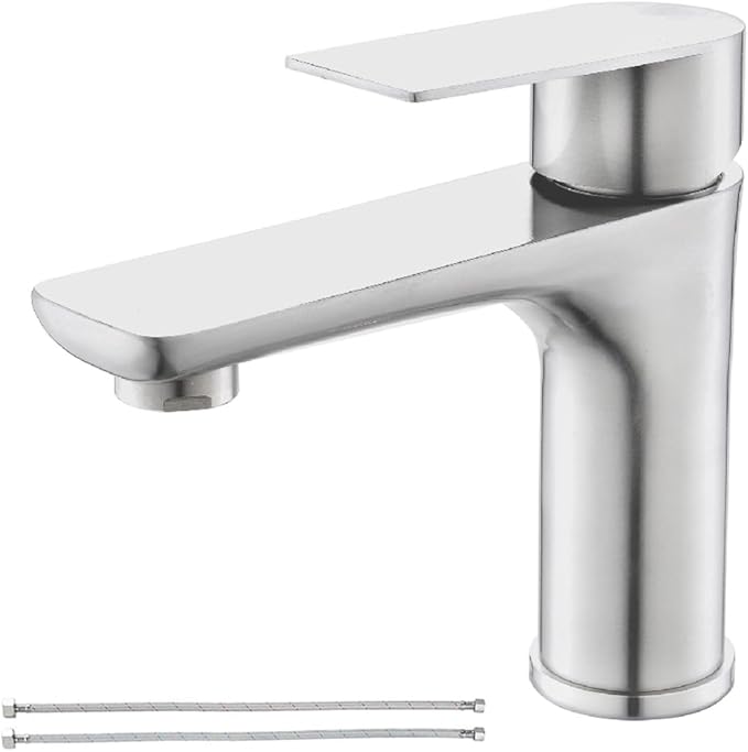 Single Hole Bathroom Faucet, Stainless Steel Bathroom Faucets, Brushed Nickel Commercial Bathroom Sink Faucet,Single Handle Bathroom Sink Faucet with Supply Lines, BF019L