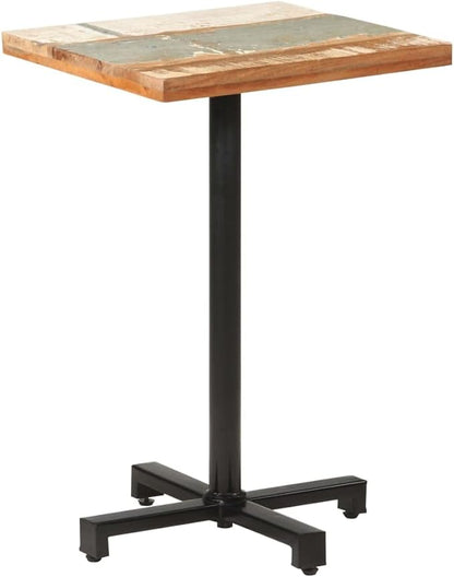 Mixed Color Solid Reclaimed Wood Bistro Dining Table, Powder-Coated Iron Base, 19.7in Square, for Kitchen & Dining Room, Bar, Indoor Outdoor Dinner Use