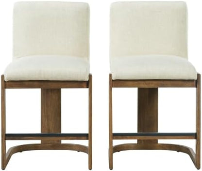 Bar Stools Set of 2, 24" Linen Upholstered Counter Height Barstools with Walnut-Finished Solid Rubberwood Legs, Comfortable Kitchen Island Chairs for Home Bar, Coffee Shop, Beige