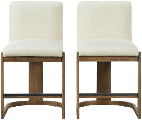 Bar Stools Set of 2, Linen Upholstered Counter Height Barstools with Walnut-Finished Solid Rubberwood Legs, Comfortable Kitchen Island Chairs for Home Bar Coffee Shop, Beige
