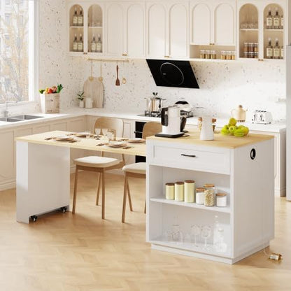 Kitchen Island with Extendable Dining, 82.7" Mobile Kitchen Storage Islands with Double-sized Storage, Rolling Kitchen Cart with Power Outlet, Cabinet & 2 Drawers & 2 Side Open Shelves (White)