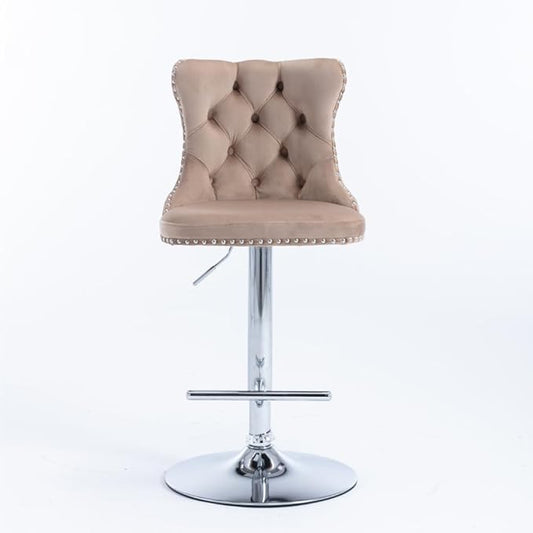 Modern Swivel Bar Stool with Adjustable Height and Tufted Upholstered Backrest for Kitchen Island, Home Bar, or Dining Area (Khaki + Velvet + Foam)