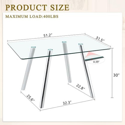 Donext 51" Rectangular Tempered Glass Dining Table, Sturdy Metal Legs,Modern Kitchen Dining Room Table, Easy to Clean, White