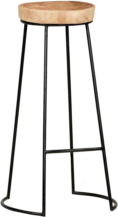 Set of 2 Bar Stools with Acacia Wood Seat and Black Steel Frame for Kitchen Island Dining Room or Patio Bar Area