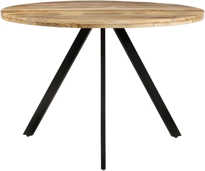 Round Solid Wood Dining Table 43.3x29.5 in Mango Wood with Black Powder-Coated Steel Legs Vintage Small Kitchen Table for 4 Persons Indoor Use