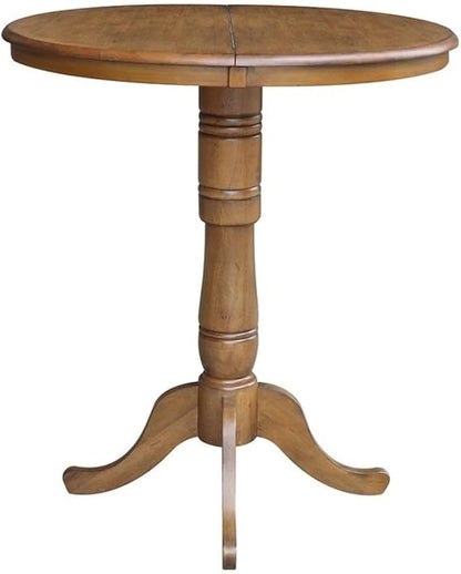 International Concepts 36" Round Top Pedestal Table with 12" Leaf-40.9" H-Dining, Counter, or Bar Height, Pecan