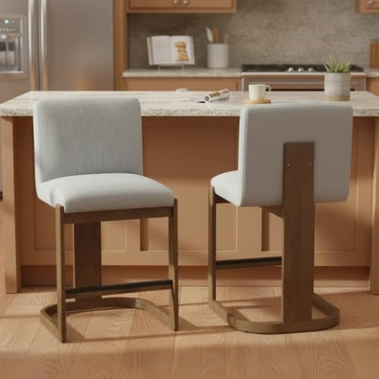 Bar Stools Set of 2, 24" Linen Upholstered Counter Height Barstools with Walnut-Finished Solid Rubberwood Legs, Comfortable Kitchen Island Chairs for Home Bar, Coffee Shop, Light Grey