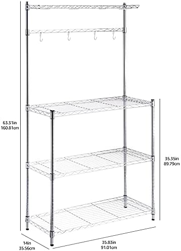 Amazon Basics 3 Tier Kitchen Bakers Rack with Storage, Removeable Top, Wood/Chrome, 14" D x 35.83" W x 63.31" H