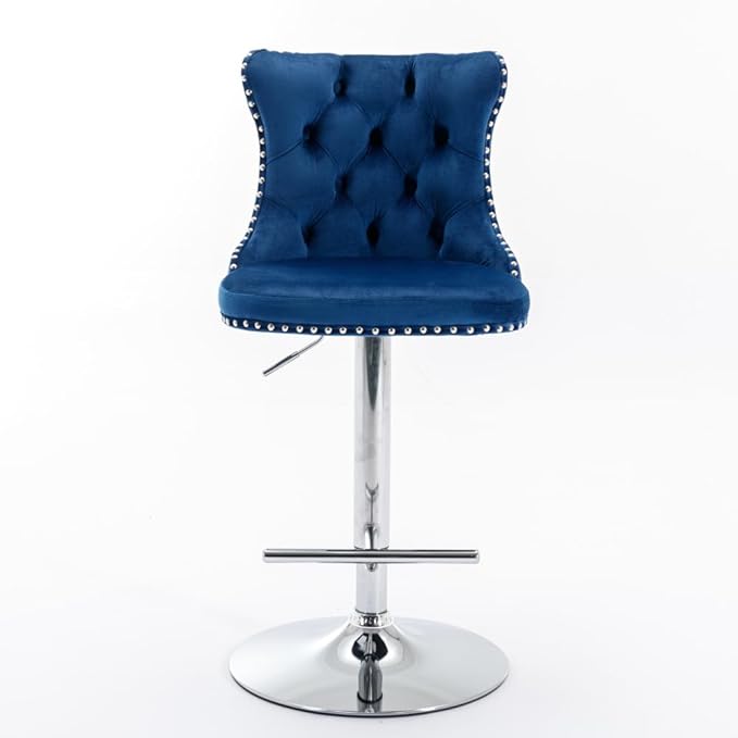 Adjustable Swivel Bar Stool with Tufted Velvet Upholstery, Chrome Base and Back Support for Kitchen Island, Home Bar or Pub (Blue + Velvet + Foam-2)