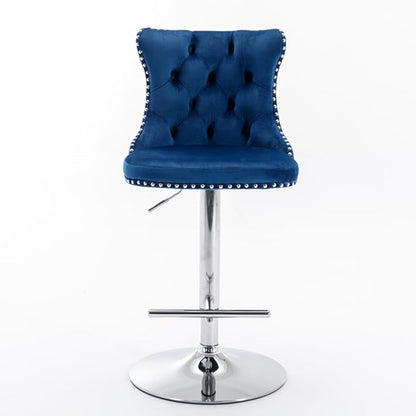 Premium Upholstered Bar Stool with Swivel Seat and Adjustable Height for Kitchen Island, Home Bar, or Dining Counter (Blue + Velvet + Foam-2)