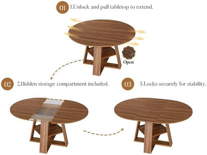COSIEST 43.3in-59in Extendable Round Dining Table for 4-8 People, Modern Oval Kitchen Table with Storage Shelf & Removable Leaves, Space Saving Wood Dinner Table for Kitchen Living Room(Walnut)
