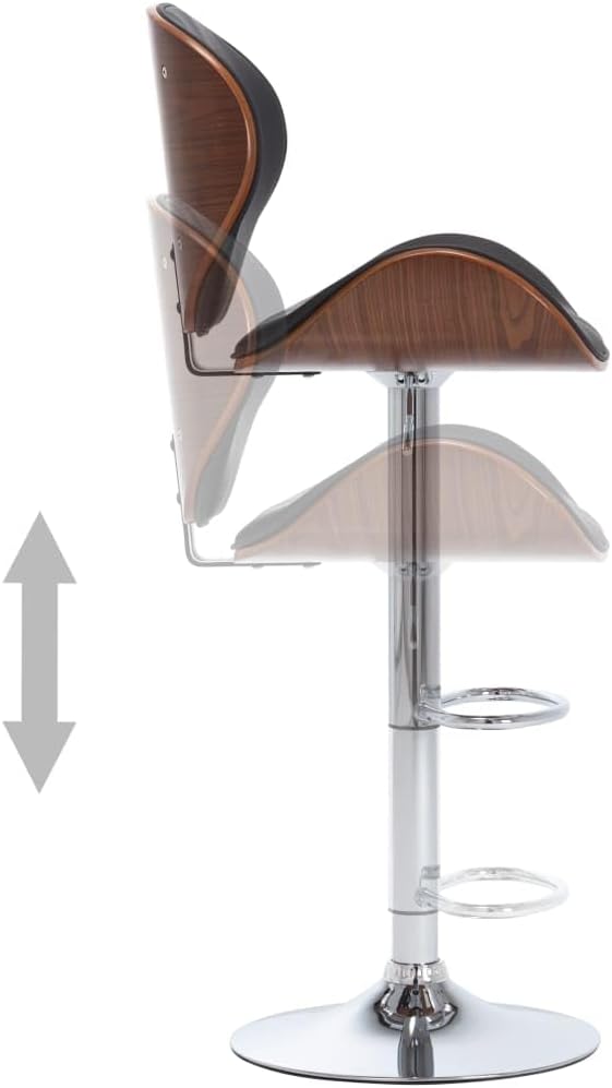 Black Adjustable Bar Stool, Faux Leather & Chrome Metal Base, Bent Wood Kitchen Island Counter Chair for Dining Room, Modern Home Bar, Pub, Office