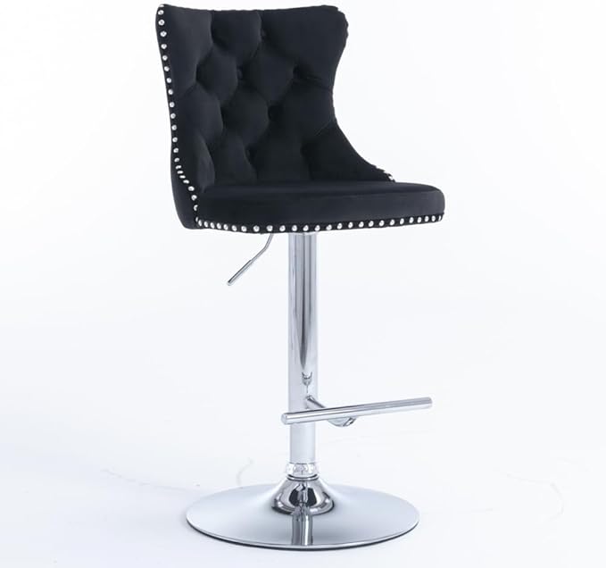 Modern Swivel Bar Stool with Adjustable Height and Tufted Upholstered Backrest for Kitchen Island, Home Bar, or Dining Area (Black + Velvet + Foam-3)
