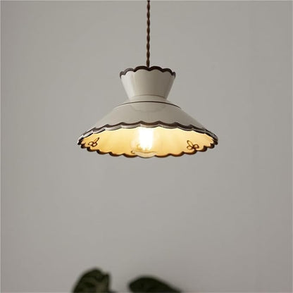 Vintage Scalloped Pendant Light, Cottagecore Farmhouse Style Hanging Lamp, Cream White Ceramic Shade, Adjustable Cord Ceiling Fixture for Kitchen Island, Dining Room, Bedroom, Cafe
