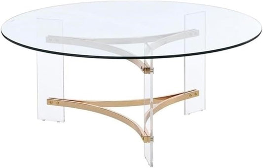 Acme Sosi Round Tempered Glass Top Coffee Table in Clear and Gold