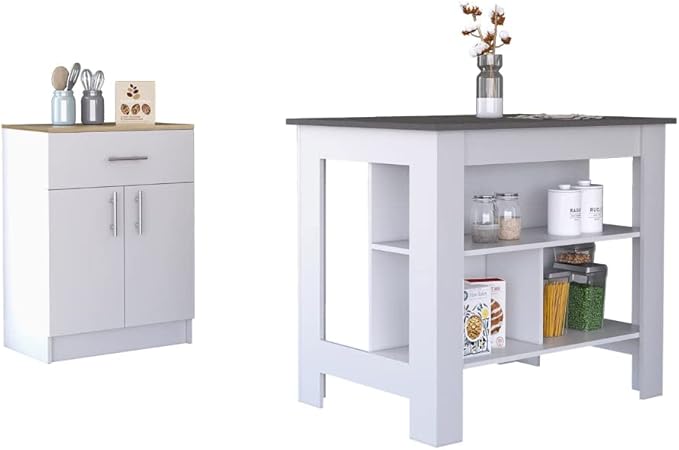GOWE 2 Piece Kitchen Set, Delos Kitchen Island + Barbados Pantry Cabinet, White/Onyx/Light Oak