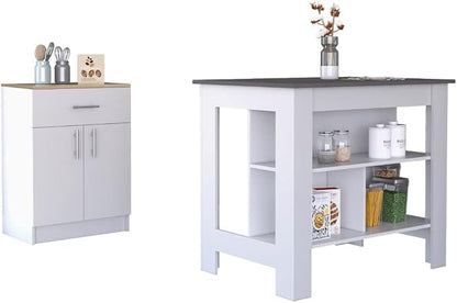 GOWE 2 Piece Kitchen Set, Delos Kitchen Island + Barbados Pantry Cabinet, White/Onyx/Light Oak