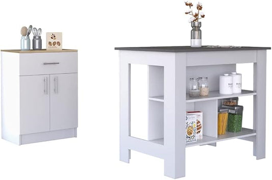 GOWE 2 Piece Kitchen Set, Delos Kitchen Island + Barbados Pantry Cabinet, White/Onyx/Light Oak