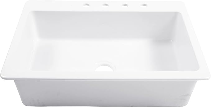 Sinkology Jackson 33 Inch White Fireclay Drop-In Kitchen Sink, Single Bowl, 4 Faucet Holes, Fits 36 Inch Cabinet, Surefire Finish