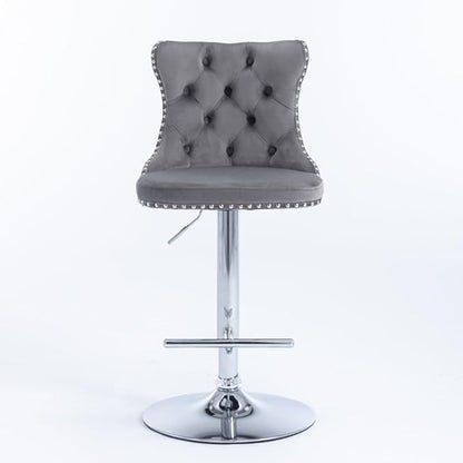 Premium Velvet Upholstered Swivel Bar Stool with Adjustable Height and Tufted Backrest for Kitchen Island, Home Bar, and Dining Space (Gray + Velvet + Foam-3)