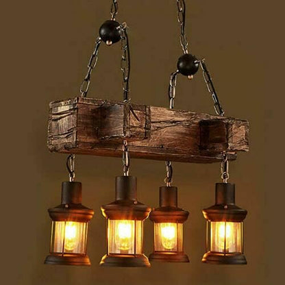 4 Lights Rustic Wood Chandelier, Industrial Vintage Wooden Ceiling Lamp Hanging Pendant Light Retro Suspension Lighting Fixture for Living Dining Room Bedroom Kitchen Restaurant Coffee Shop