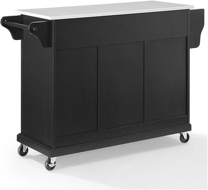 Crosley Furniture Full Size Stone Top Rolling Kitchen Island Storage Cart, Microwave Stand, Spice Rack, Black