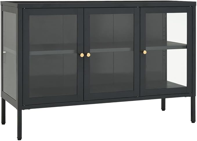 Anthracite Sideboard, Powder-Coated Steel, Tempered Glass Doors, 13.8x41.3x27.6 in. Modern Storage Cabinet for Living Room, Dining Room, Home Office Kitchen Furnitur
